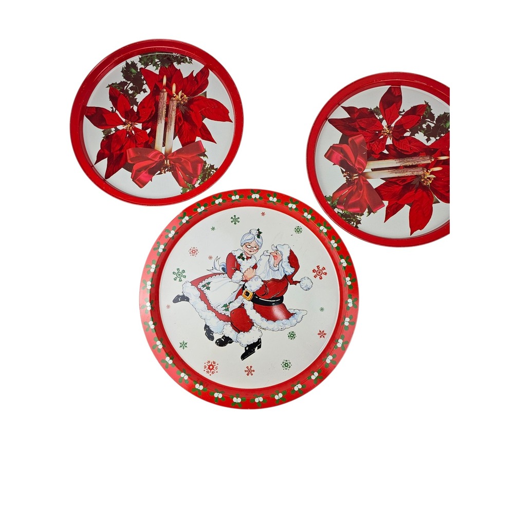 Vintage Christmas Metal Trays Set of 3 Santa Mrs Claus Poinsettia Candle Decor‎